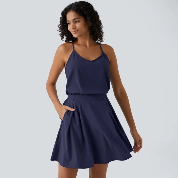 HALARA Dresses & Skirts - Halara Breezeful Cut Out Pleated Mini Dress in Black Diamond Blue Size M NWT